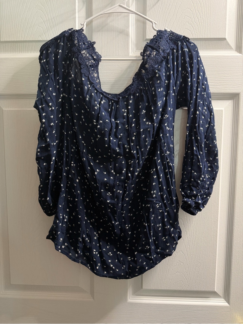 Women's Navy Blue Lace-Trim Off Shoulder Top
